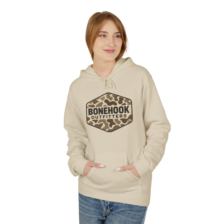 Camo Branding Unisex Fleece Hoodie, Outdoor Gear, Casual Wear, Gift for Him, Fishing Apparel, Adventure Outfit