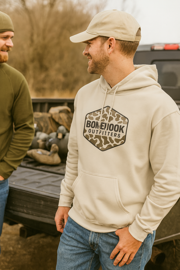 onehook Outfitters Camo Badge Hoodie – Tan Hunting Hoodie for Southern Lifestyle