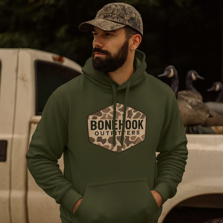 Bonehook Outfitters Camo Badge Hoodie – Tan Hunting Hoodie for Southern Lifestyle