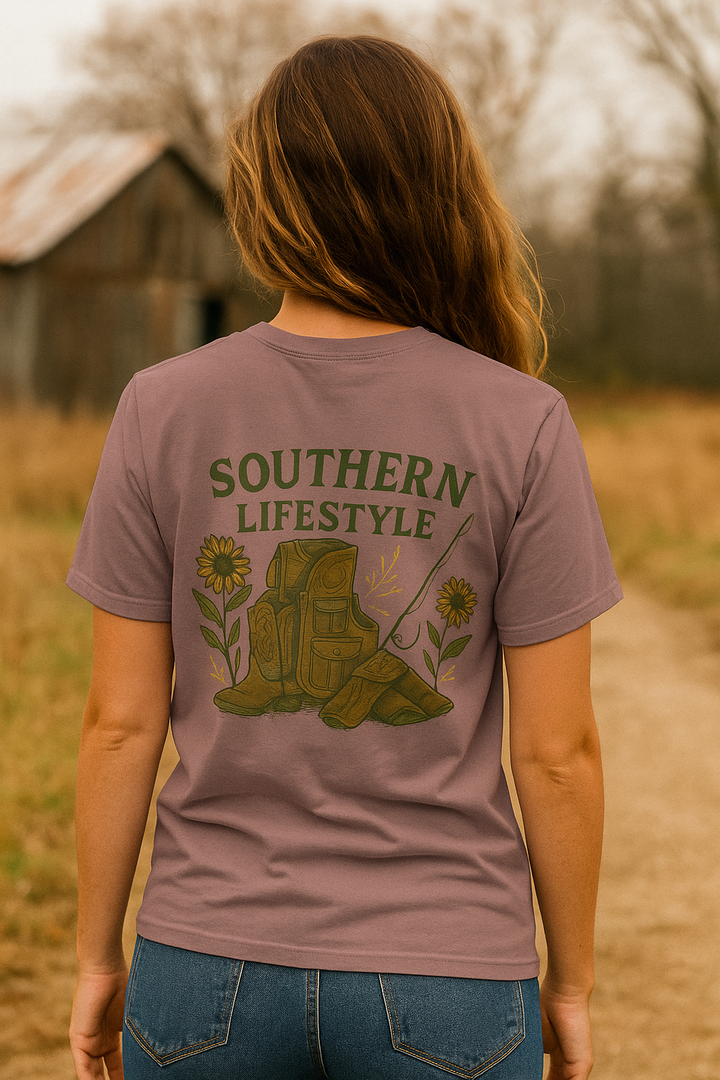 Southern Lifestyle Boot & Vest Tee – Women's Country Graphic (Mauve)