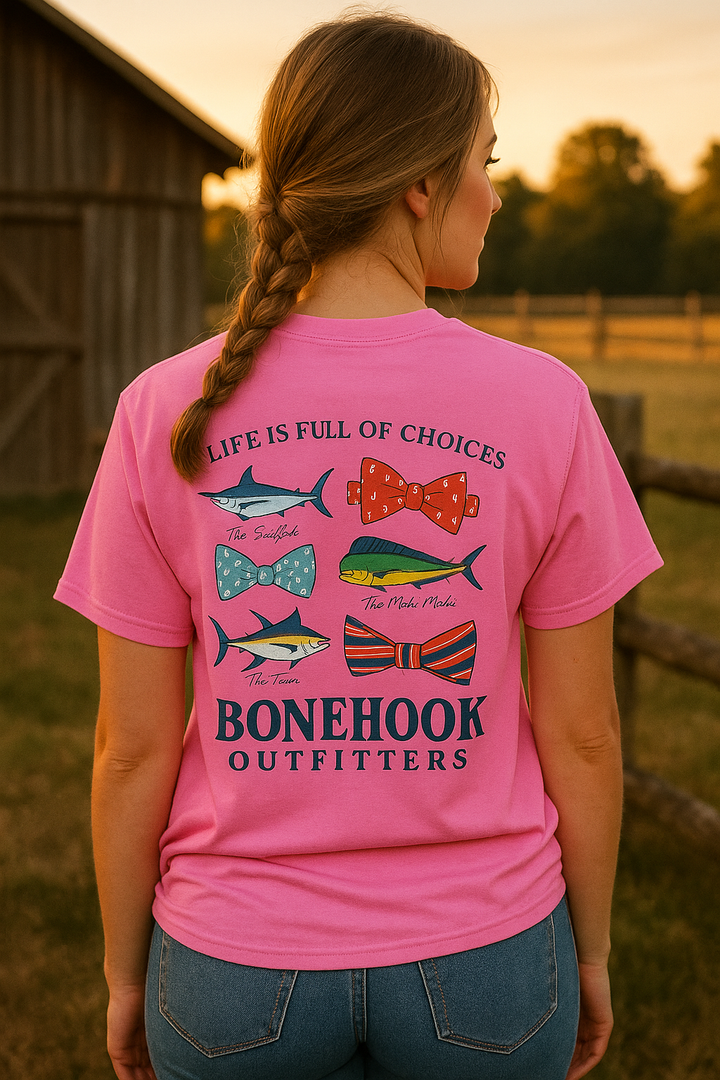 Women's "Life Is Full of Choices" Tee – Pink by Bonehook Outfitters