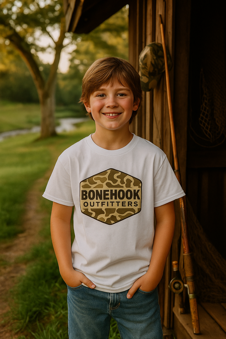 Boys’ Camo Logo Badge Tee – Bonehook Outfitters Youth Shirt