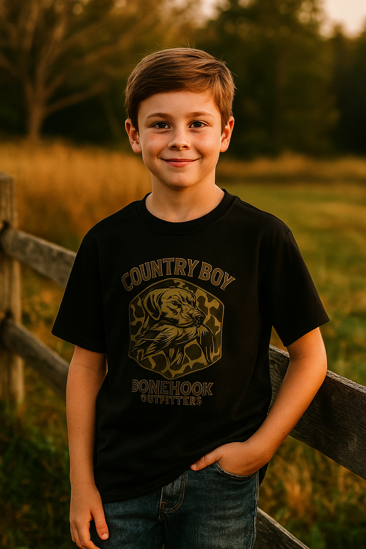 Boys’ Country Boy Dog Camo Tee – Bonehook Youth Outdoor Shirt