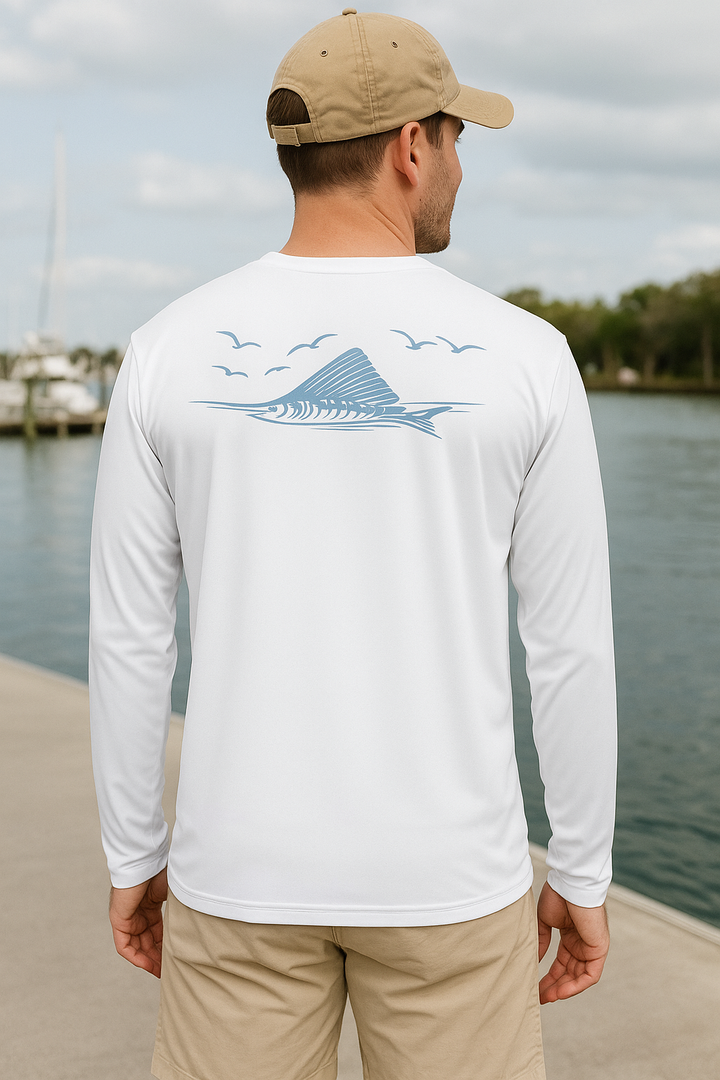 Bonehook Vertical Sleeve Logo Fishing Shirt – White Long Sleeve Performance Tee