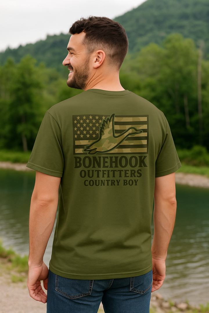 Bonehook Country Boy Tee – Camo Flag Duck Hunting Shirt