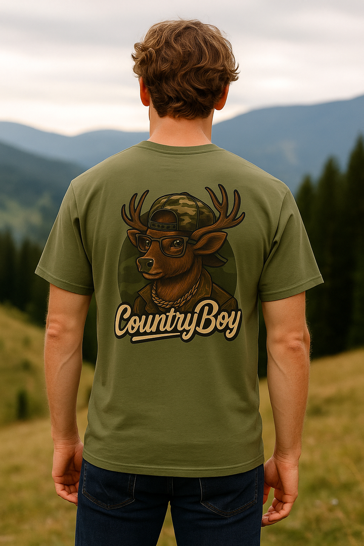 Country Boy Buck Tee – Funny Deer Graphic Shirt by Bonehook