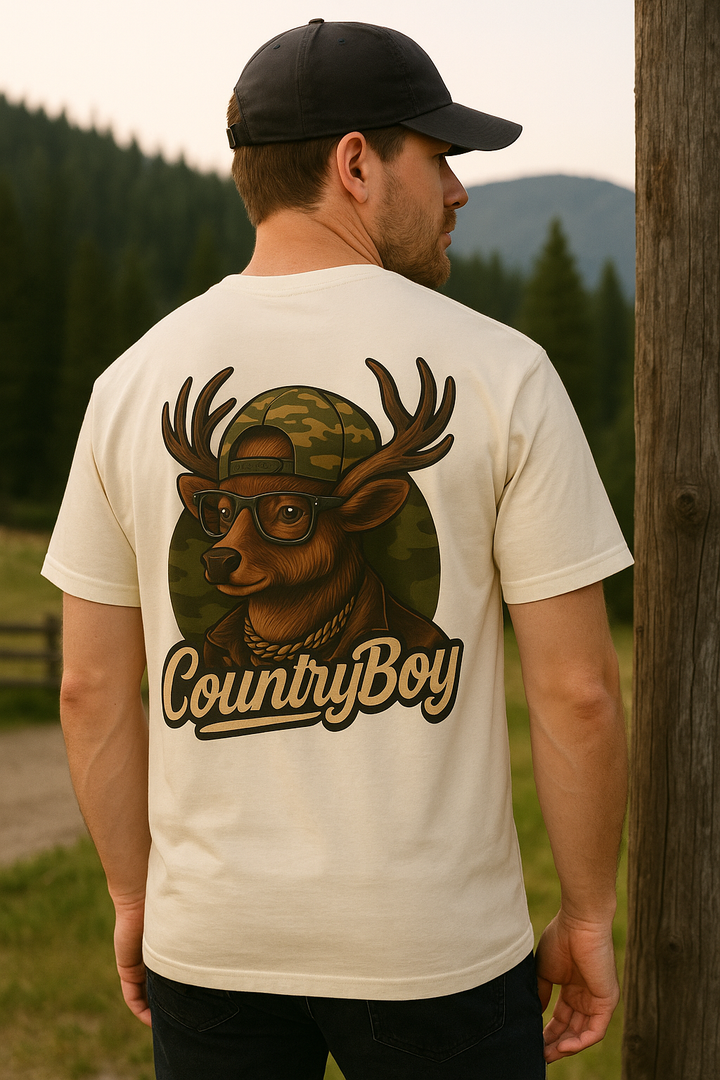 Country Boy Buck Tee – Funny Deer Graphic Shirt by Bonehook