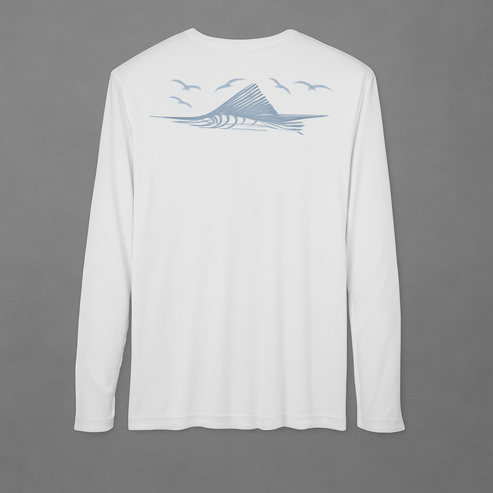 Bonehook Vertical Sleeve Logo Fishing Shirt – White Long Sleeve Performance Tee