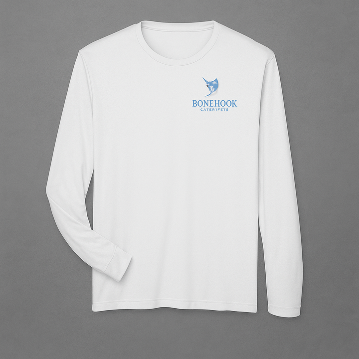 Bonehook Vertical Sleeve Logo Fishing Shirt – White Long Sleeve Performance Tee