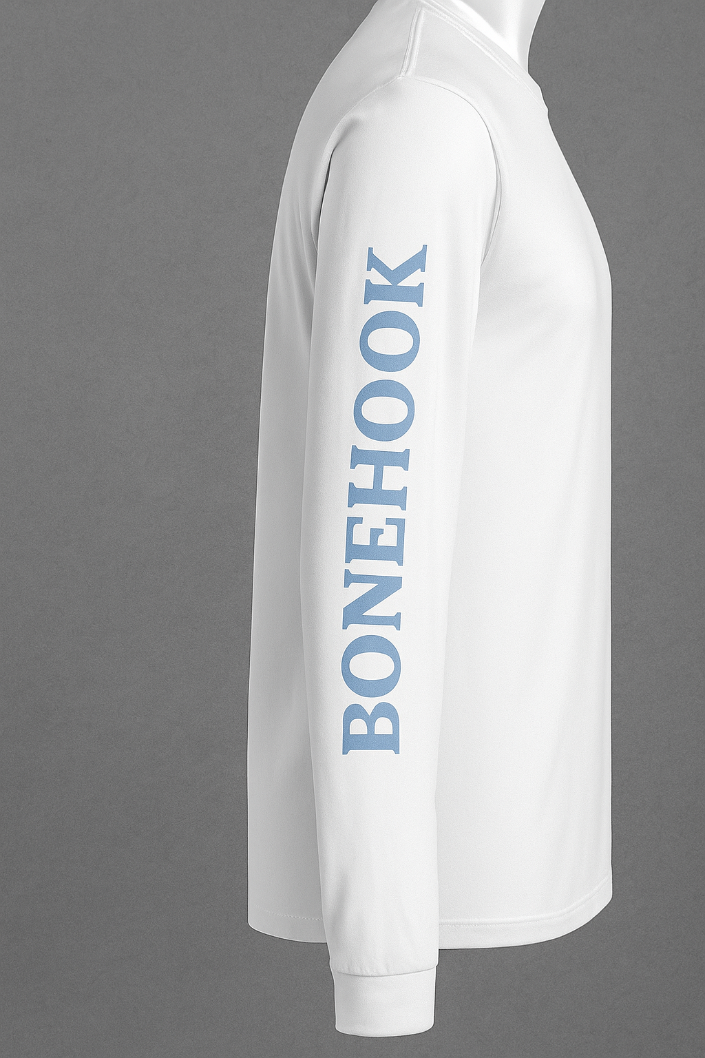 Bonehook Vertical Sleeve Logo Fishing Shirt – White Long Sleeve Performance Tee